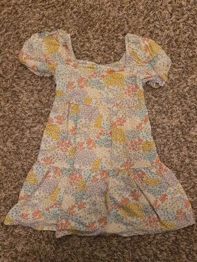 SO White Floral Puff Sleeve Dress with Yellow & Pink, Size 8